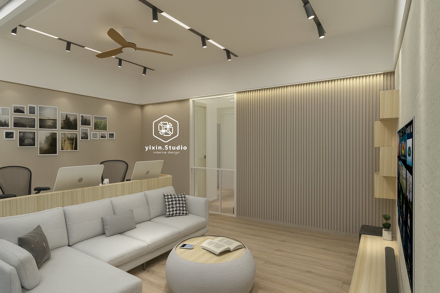 台南住宅翻新3D渲染圖-客廳與工作區木格柵牆軌道燈配置-一新設計