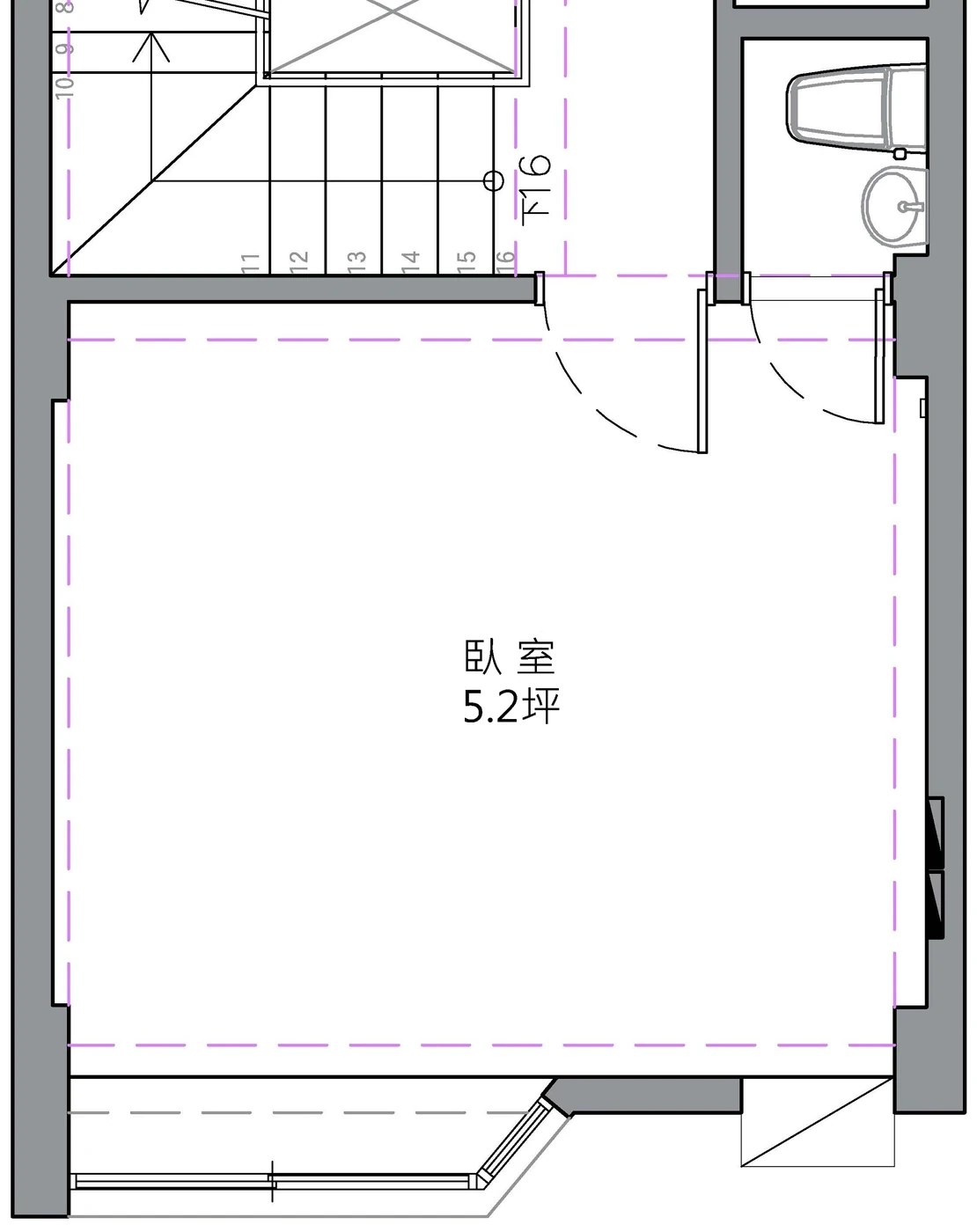 東區辜宅二樓原始平面圖：5.2 坪臥室，旁邊是封閉的樓梯間