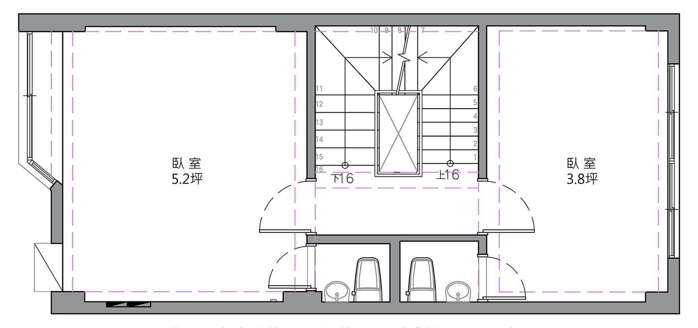 2F現況配置圖，原始格局為兩間臥室