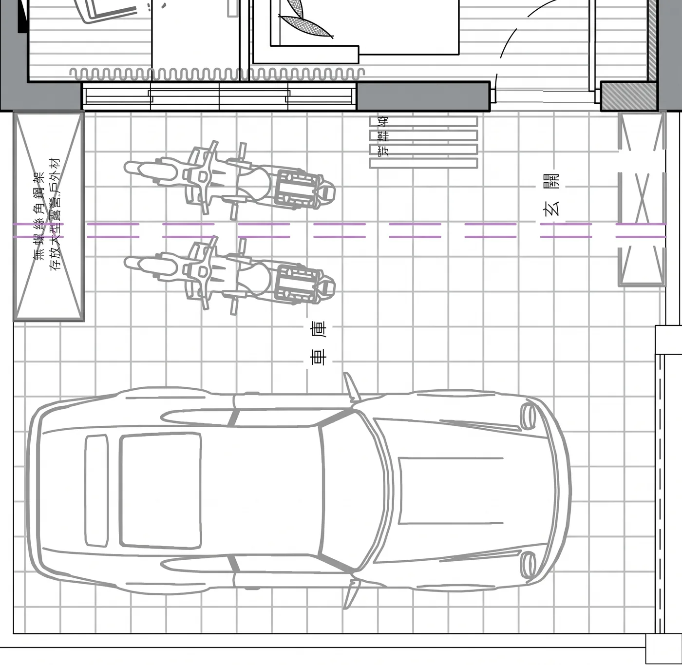 北區邱宅一樓車庫改造後平面圖：大門動線偏移，多出玄關與鞋櫃收納