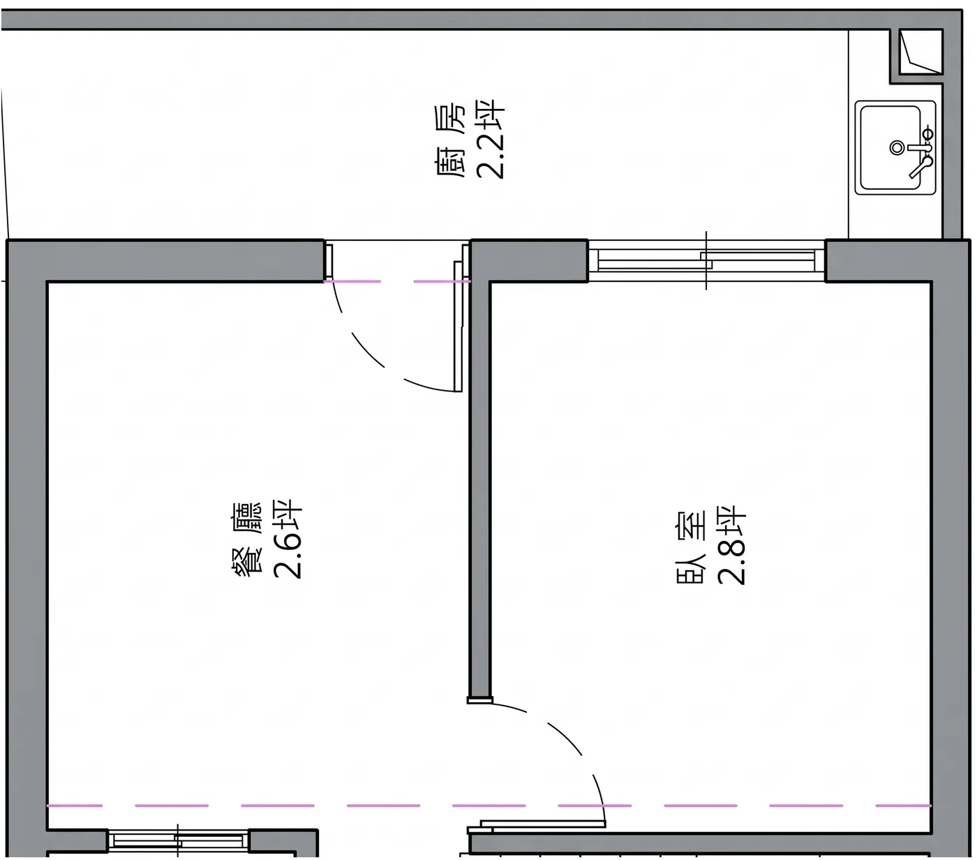 北區邱宅一樓餐廚原始平面圖：後方是 2.2 坪狹長廚房，前面 2.6 坪餐廳與隔壁 2.8 坪房間各自獨立