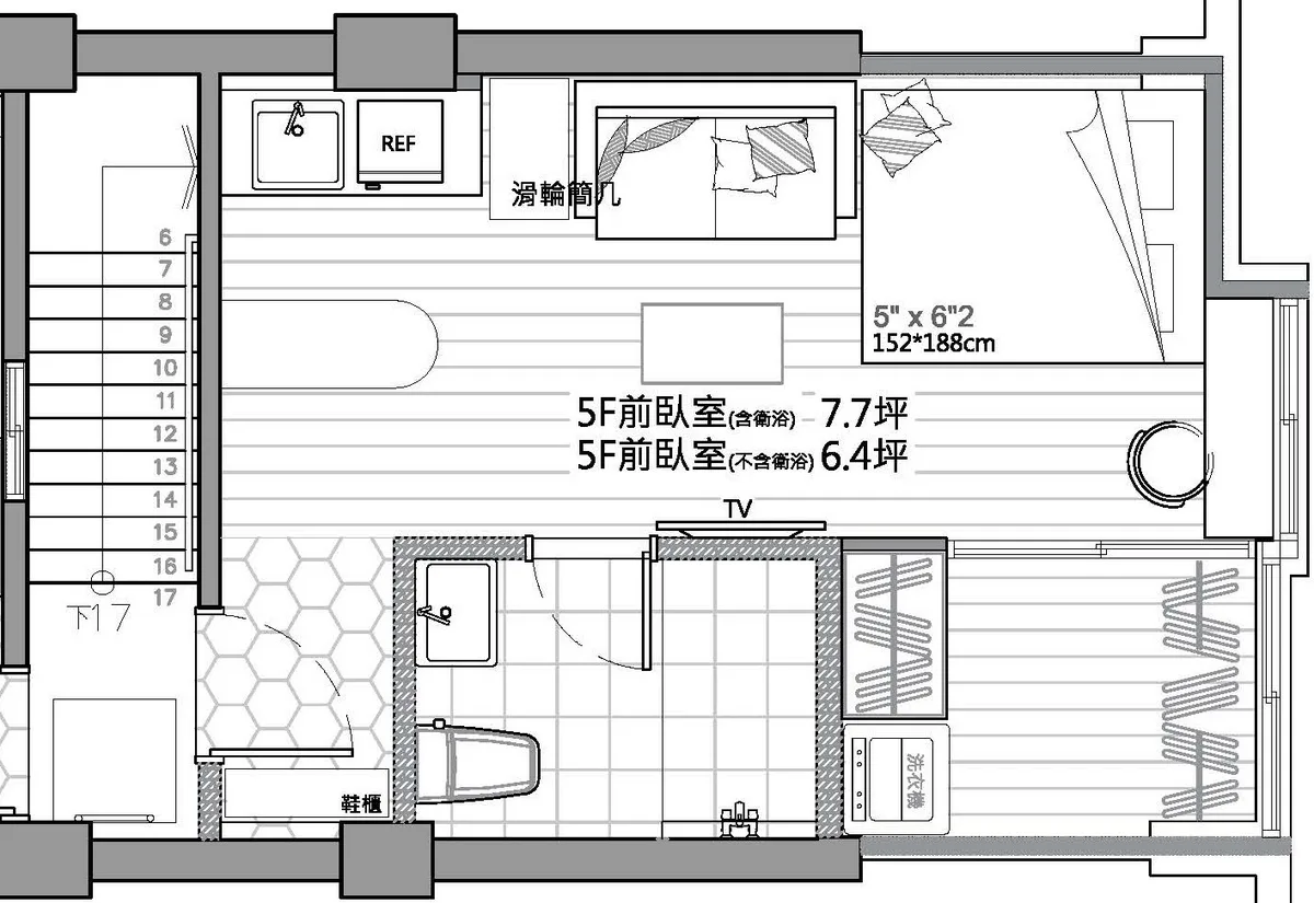 5F前套房平面配置圖：7.7 坪，含衛浴、洗曬區、Minibar 與雙人床。