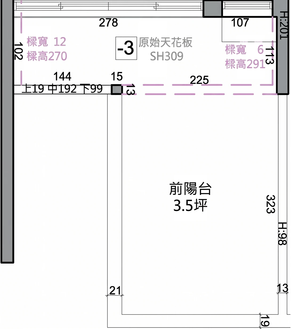永康張宅二樓原始平面圖：3.5 坪前陽台，門內一條狹長空間