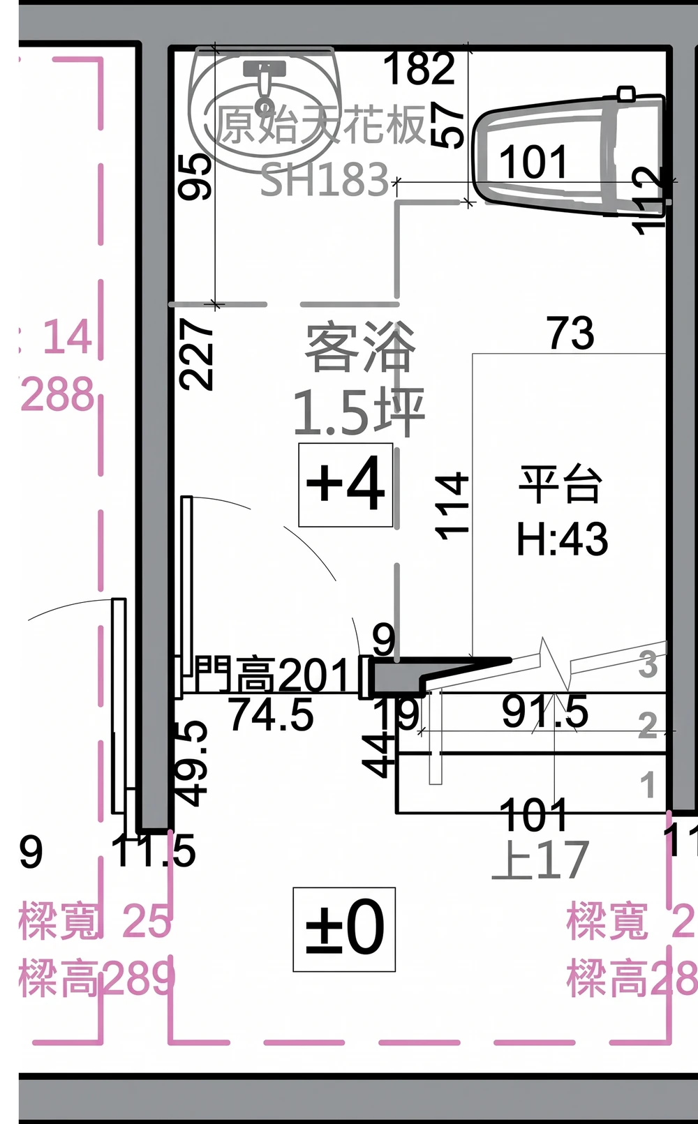 永康張宅一樓原始平面圖：1.5 坪客浴位於樓梯下方