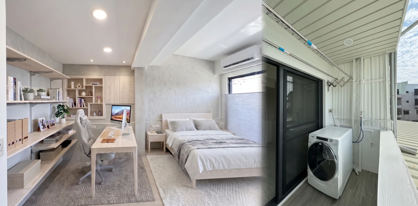 入住示意：左為書房與睡眠角落的家具配置情境示意，右為實拍前陽台的洗衣機與升降曬衣桿