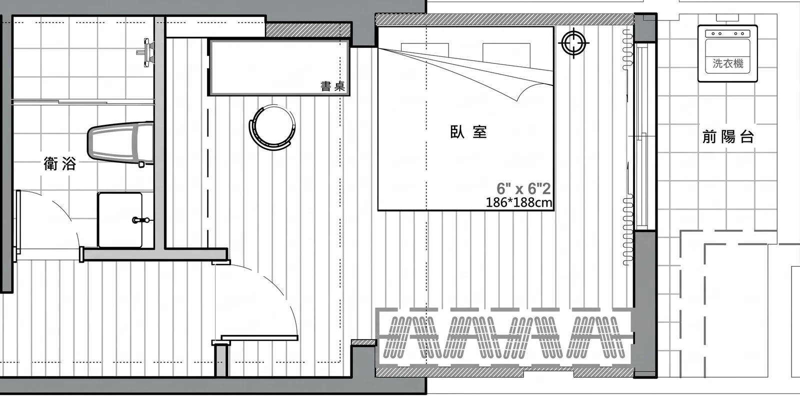 永康張宅三樓改造後平面圖：新設衛浴與書桌區，主臥前移，前陽台縮小保留並放洗衣機