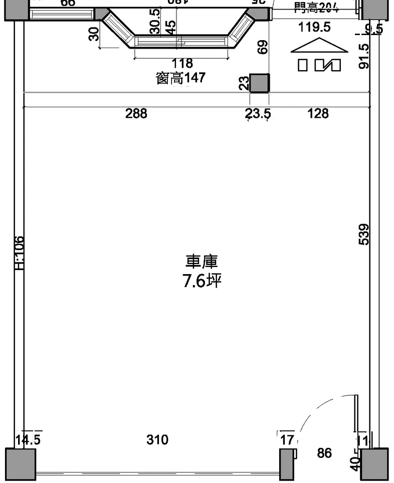 永康陳宅車庫原始平面圖：7.6 坪車庫，屋前有外凸八角窗
