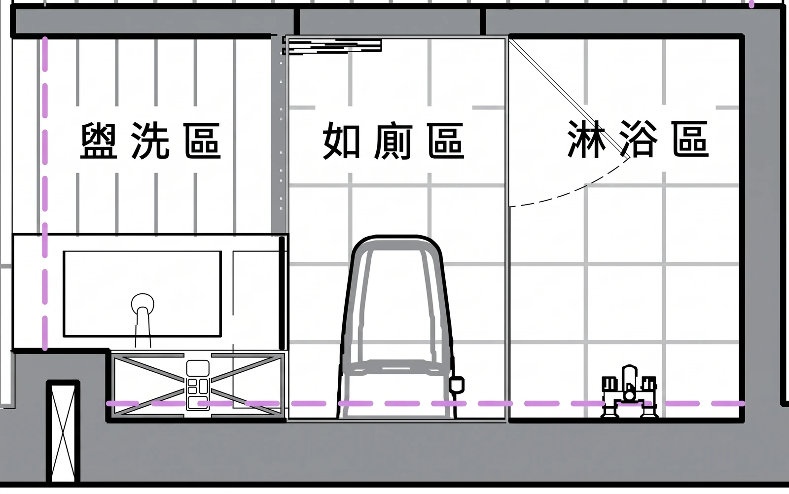 永康陳宅二樓主衛浴改造後平面圖：分成盥洗區、如廁區、淋浴區三區