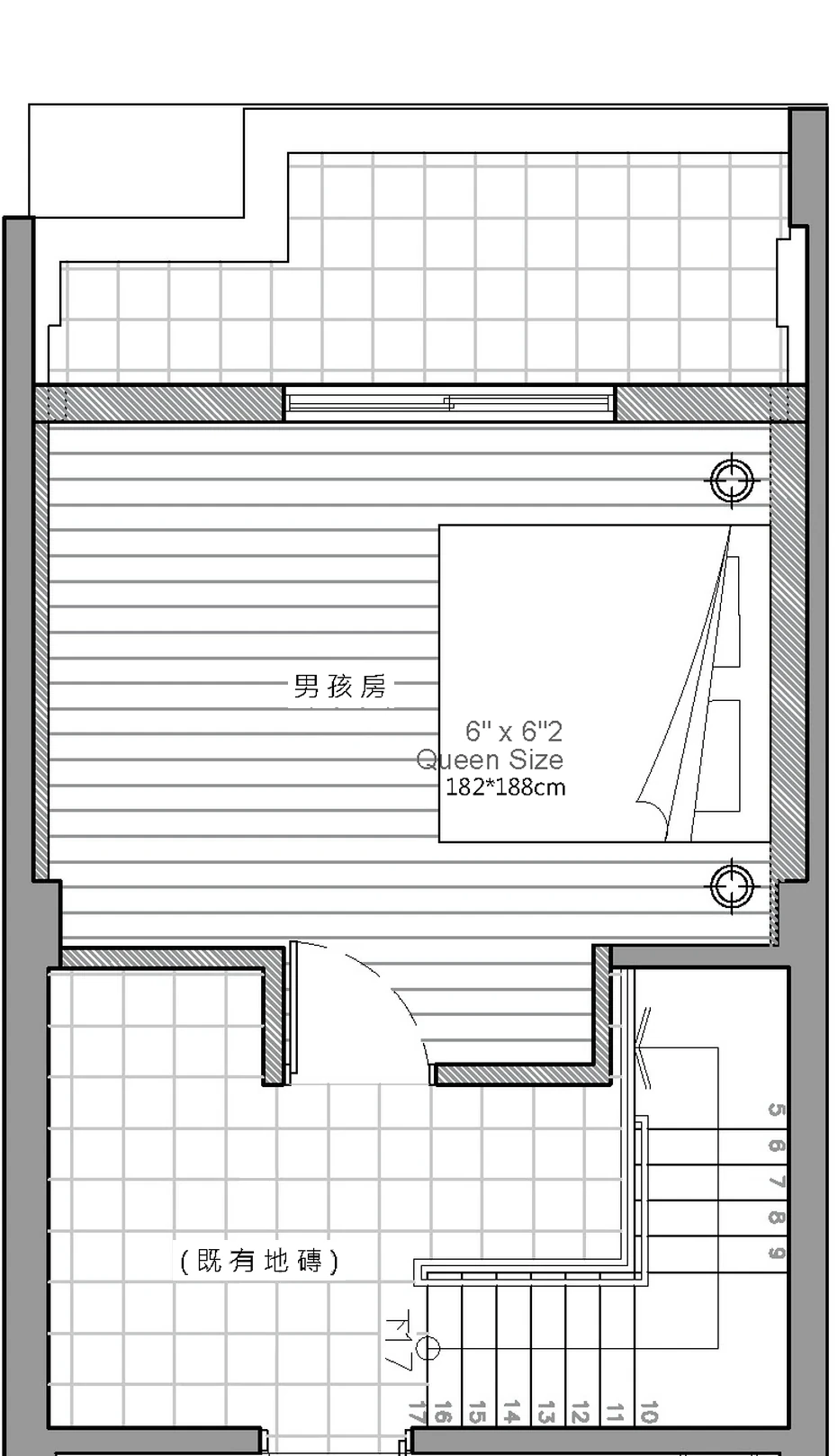 永康陳宅 4F 改造後平面圖：外牆退縮做出陽台，男孩房放得下雙人床，房門轉向並多出儲藏空間