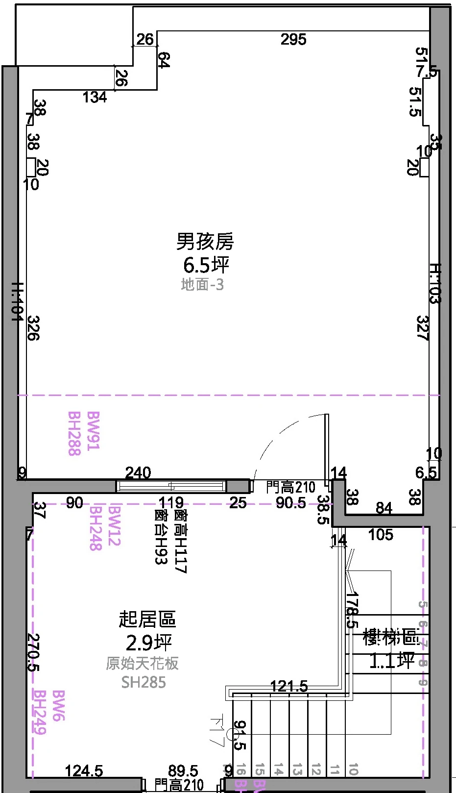 永康陳宅 4F 原始平面圖：6.5 坪鐵皮頂樓空間，旁為起居區與樓梯區